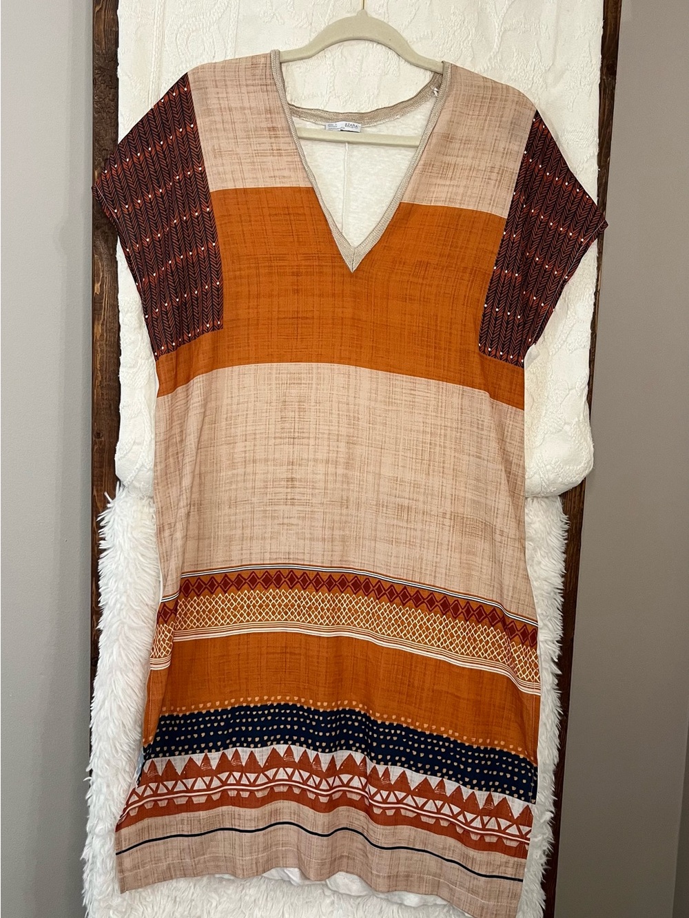 Zara Rustic Striped Tunic Kaftan Dress Geometric Border Boho Orange Medium